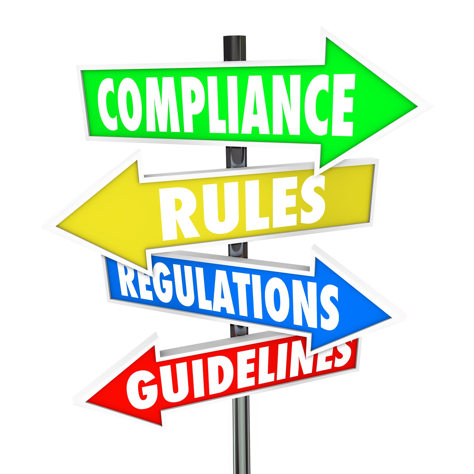 The words Compliance, Rules, Regulations and Guidelines on color