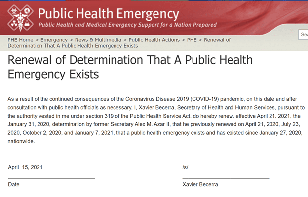 PHE and Waivers Officially Extended Another 90 Days – April to July 2021